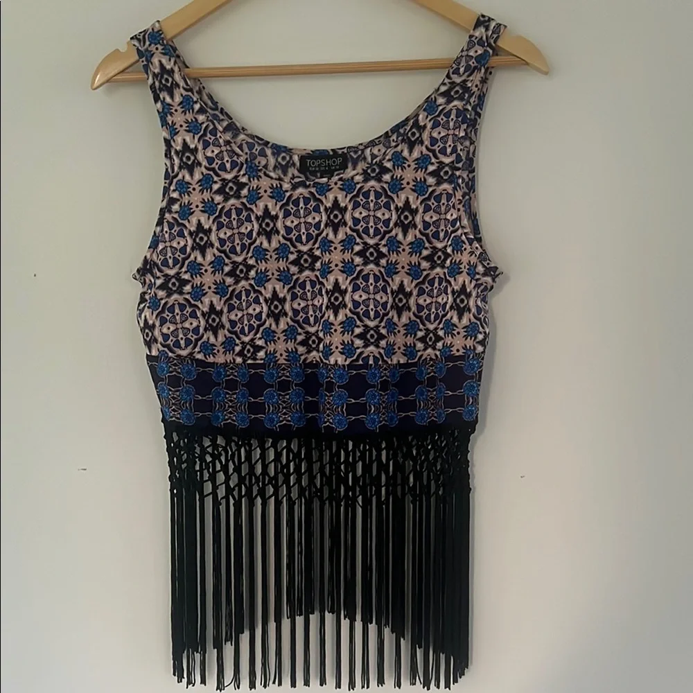 Topshop fringe pink and blue bohemian print festival top sz 6